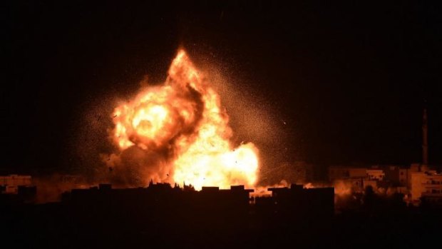 Flames rise from an explosion in the Syrian town of Kobane after a US-led coalition strike.