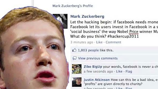 Mark Zuckerberg's fan page: 'let the hacking begin'.