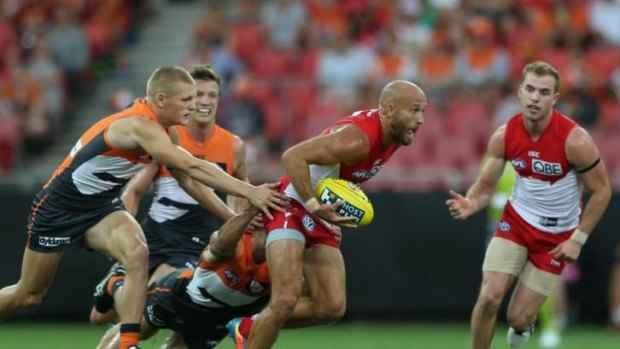 Jarrad McVeigh makes a break during the game against the Greater Western Sydney Giants.
