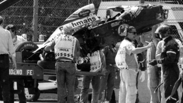 Formula one carnage: The wreck of Ayrton Senna's car after his death in the San Marino Grand Prix.