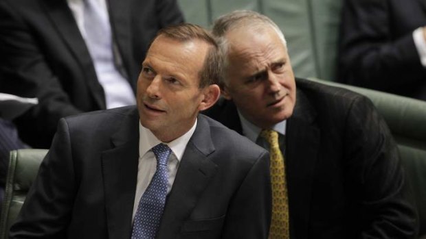Opposition Leader Tony Abbott and Coalition communications minister Malcolm Turnbull. A new poll shows the Coalition would win the election in a landslide with Mr Turnbull as leader.