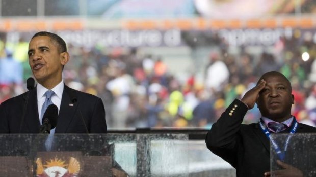 "Funny gestures": Thamsanqa Jantjie during Barack Obama's eulogy for Nelson Mandela.