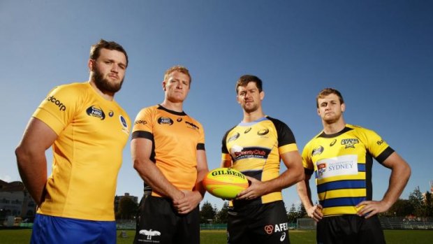 Seeing yellow: Curtis Browning of Brisbane City, Cam Treloar of NSW Country Eagles, Willhelm Steenkamp of Perth Spirit and Pat McCutcheon of the Sydney Stars pose for the launch of the National Rugby Championship.