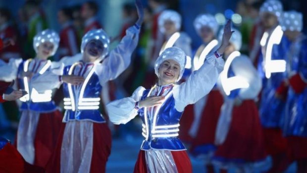 Dancers perform during the Sochi 2014 Paralympic Winter Games Closing Ceremony at Fisht Olympic Stadium.