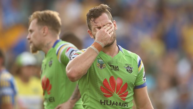 Pressure is on: Aidan Sezer of the Raiders looks dejected after a try.