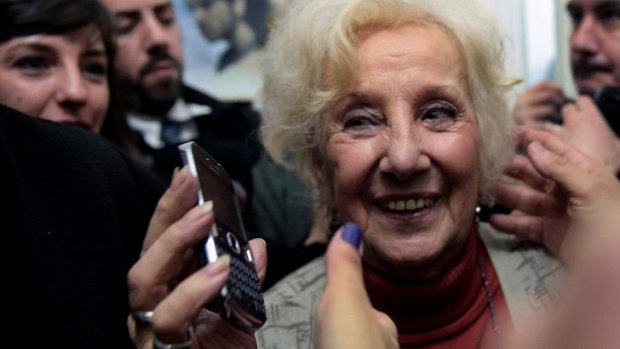 Carlotto, the president of an association that seeks to reunite babies stolen during the military regime with their biological parents or relatives, smiles after announcing the recovery of her grandson Guido.