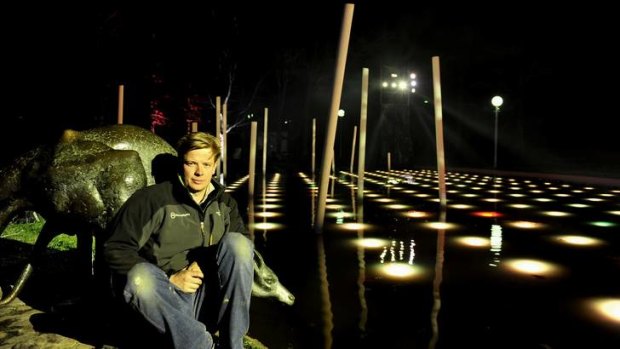 Lighting designer with mandylights, Mike Gerin. at the Kangaroo Pond when lit up for the very first time.