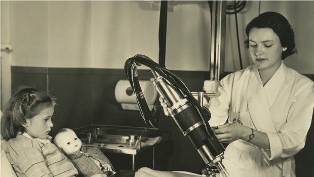X-Ray therapy being applied to a child's foot for a skin problem in 1956.
