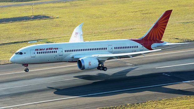 The Air India Dreamliner touches down at Sydney Airport. Air India is the first airline to fly one of Boeing's new 787 Dreamliners into Australia.