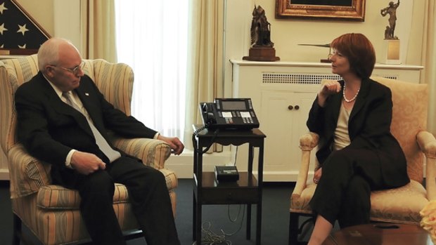 Julia Gillard talks to Dick Cheney on a visit to the White House as part of a series of meetings between Australian and US leaders.
