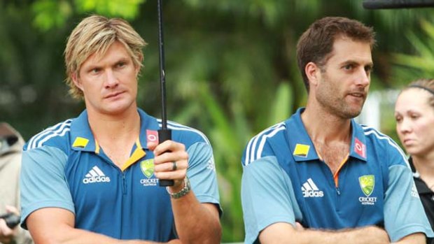 Shane Watson and Simon Katich at the announcement in Sydney of Australia's squad for the first Ashes Test.