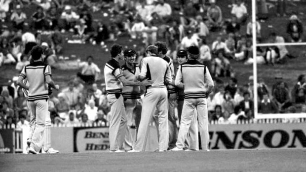 Smokin': New Zealand celebrates in the Benson & Hedges World Series Cup at the SCG in January 1981.