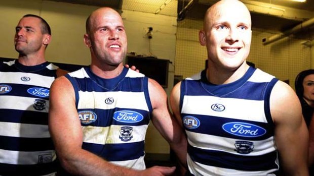 The Cats were all smiles after their emphatic 69-point win over Fremantle, with Josh Hunt (left), Paul Chapman (middle) and Gary Ablett appearing at ease in the MCG dressing rooms following Friday night's game.