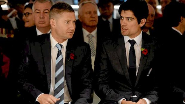Australia captain Michael Clarke and England captain Alastair Cook attend a Remembrance Day service in Martin Place in Sydney.