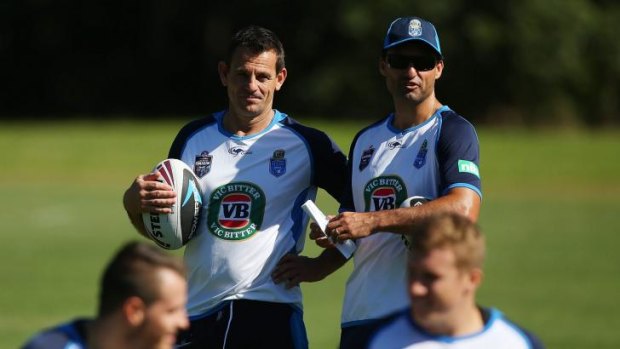 NSW and Canberra Raiders assistant coach Matt Parish, left, with Laurie Daley. Parish has left the NRL club.