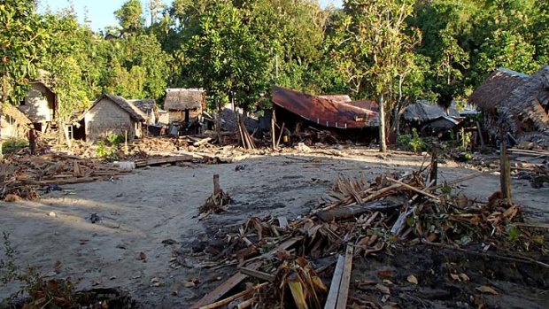 Houses by an earthquake and subsequent tsunami in the village of Venga in the Santa Cruz Islands region of the Solomon Islands.