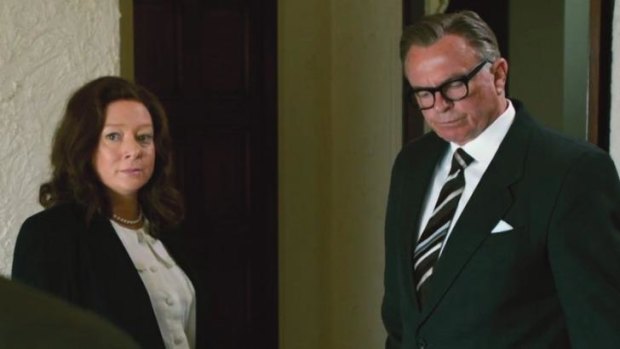 Mandy McElhinney as Gina Rinehart and Sam Neil as Mrs Rinehart's father Lang Hancock in part one of  Channel Nine's <i>House of Hancock</i>.