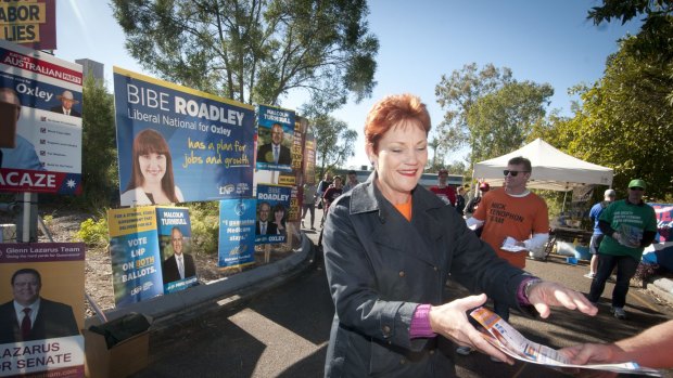 Pauline Hanson at Jamboree State School in Brisbane on election day.