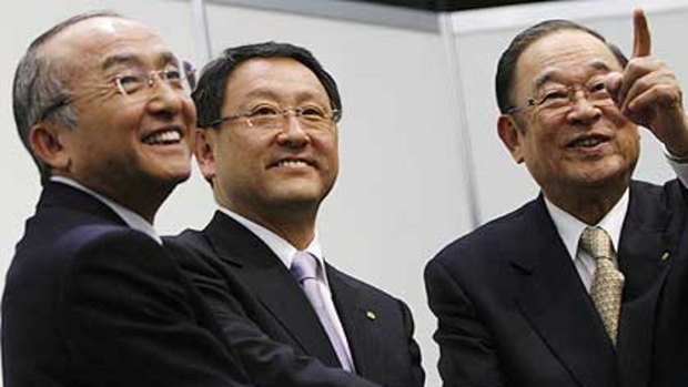 Toyota's Akio Toyoda, centre, grandson of the company's founder, with President Katsuaki Watanabe, left and and Chairman Fujio Cho after a news conference in Tokyo in January.