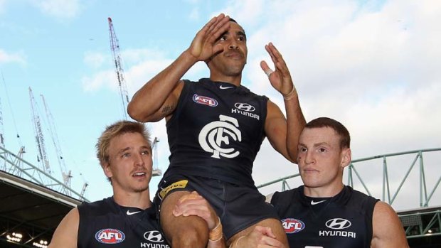 Riding high ... after losing in his 1st, 50th and 100th games for Carlton, Eddie Betts makes it a winning 150th.