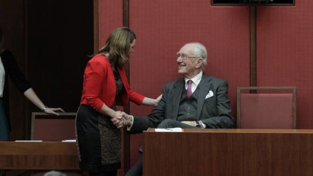 Greens Senator Sarah Hanson-Young greets former Prime Minister Malcolm Fraser in the Senate today.