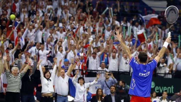 Czech Republic's Radek Stepanek celebrates after defeating Serbia's Dusan Lajovic.