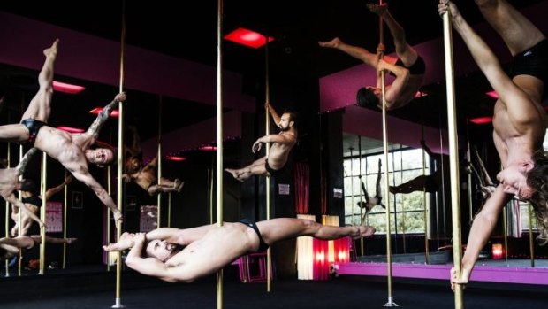 Scar, Blue Phoenix, David Aeon, Kenny and Wildfire practise their pole routines in preparation for next Friday's Mr Pole Dance final.