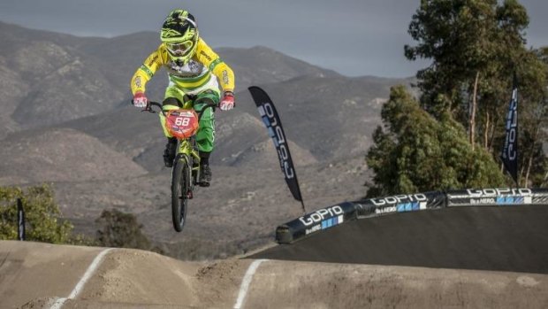 Caroline Buchanan on her way to wrapping up the BMX World Cup crown in the final round in California.