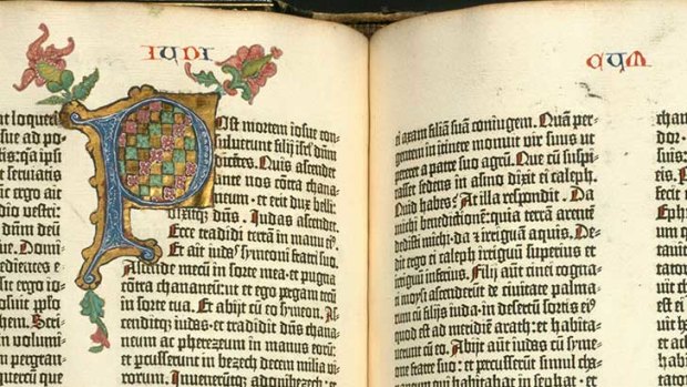 Two pages of the Gutenberg Bible that will be on display in the Dulcie Hollyock Room of the Baillieu Library from July 18–27. Image courtesy University of Manchester.