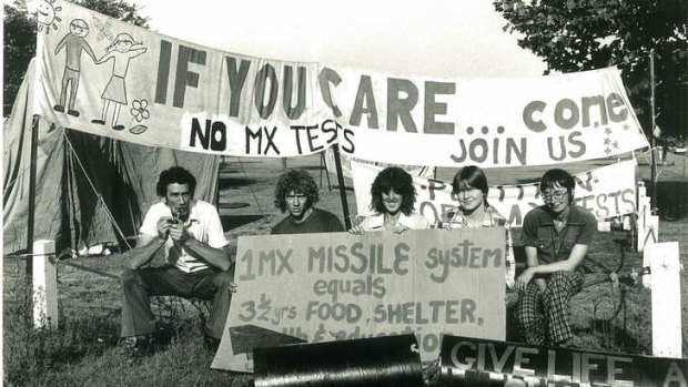 Vigil ... anti-nuclear demonstrators let their feelings be known about the American MX missile test plan at a protest at Richmond Air Base in April 1985.
