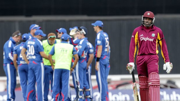 West Indies batsman Chris Gayle leaves the field after being dismissed against England at The Oval.