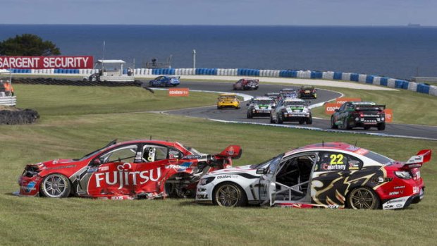 Hopes wrecked: The cars of Alex Premat (left) and James Courtney after their bingle.