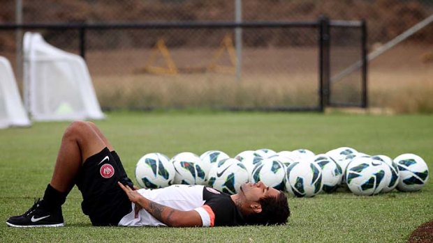 Tahj Minniecon of the Western Sydney Wanderers takes a breather at training prior to the Sydney Derby where the Wanderers vs Sydney FC at Allianz Stadium this weekend.