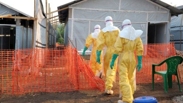 Health specialists work in an isolation ward for Ebola patients in southern Guinea.