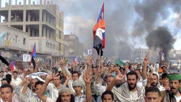 Protesters at an anti-government demonstration in Radfan, southern Yemen.