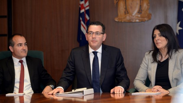 Cabinet secretary Marle Kairouz alongside Premier Daniel Andrews and Deputy James Merlino at Labor's first Cabinet meeting in 2014. Many have tipped her to be replace Jane Garrett in Cabinet.