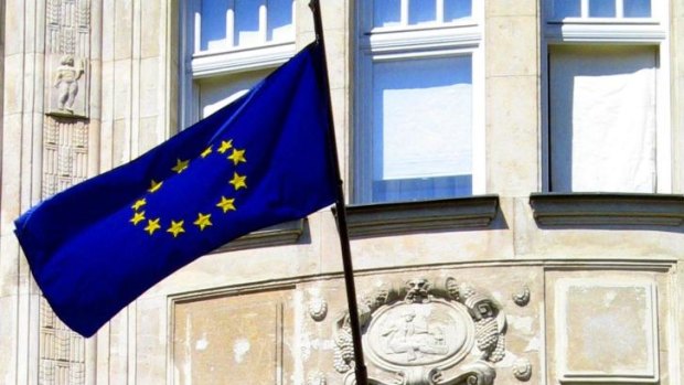 The European Union flag flies in Budapest, Hungary.