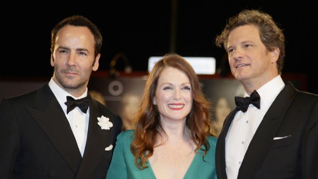 A Sinlgle Man director, fashion designer Tom Ford with the film's stars' Julianne Moore and Colin Firth.