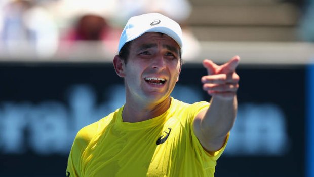 Fiery: Marinko Matosevic of Australia reacts to a point in his first-round loss against Kei Nishikori of Japan.