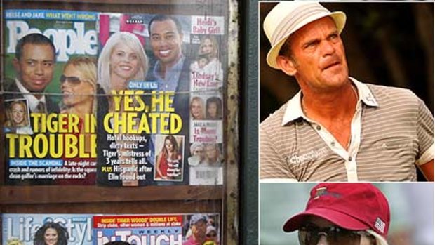 Tiger Woods appears with his wife, Elin (inset bottom), in photographs on the cover of People and Us weekly magazines displayed on a newsstand in New York. Pro golfer Jesper Parnevik (inset) regrets introducing his former nanny to the world's top golfer.
