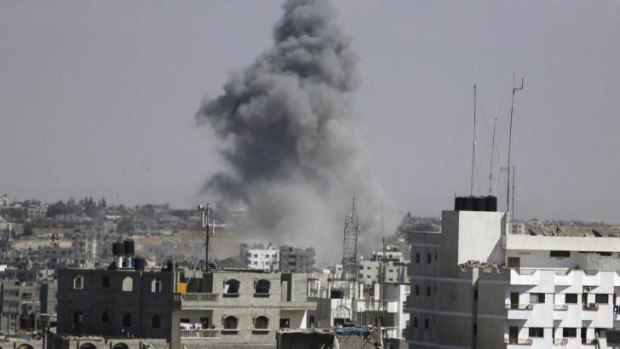 Smoke rises following an Israeli air strike in Rafah in the southern Gaza Strip.