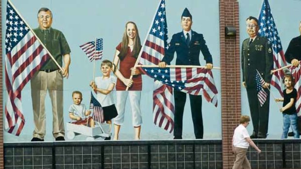 A patriotic mural in Fremont, Nebraska, where residents are angry about the influx of Hispanic people.