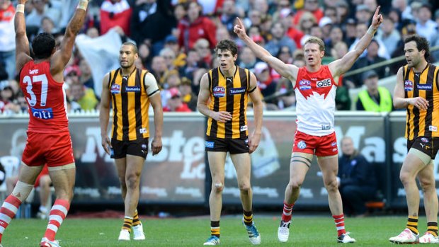 Flying high: Swan Mitch Morton celebrates a second quarter goal.