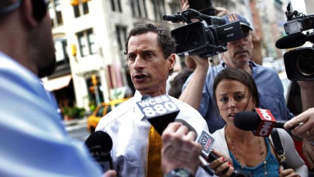Former US Congressman from New York and current Democratic candidate for New York City Mayor Anthony Weiner speaks to the media outside his New York City apartment.