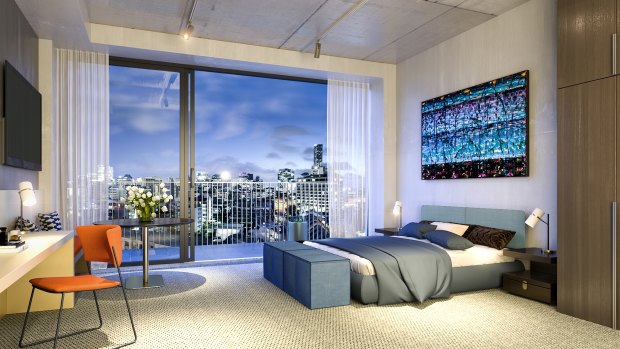 A stylish bedroom with views in the Mantra's The Johnson in Brisbane.