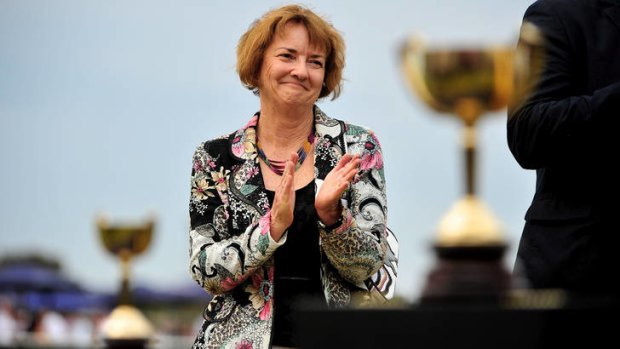 Winning: Linda Huddy at the Geelong Cup yesterday.
