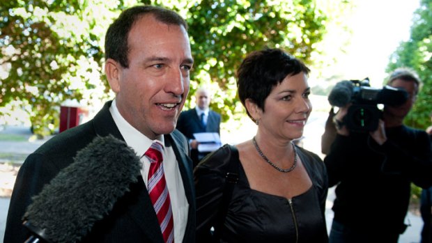 Mal Brough walks through the media as he Arrives with his wife Sue for the Fisher preselection held at the Caloundra RSL. 29th of July 2012.