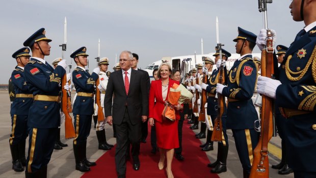 Prime Minister Malcolm Turnbull and Lucy Turnbull arrive in Beijing China on Thursday 14 April 2016. Photo: Andrew Meares
