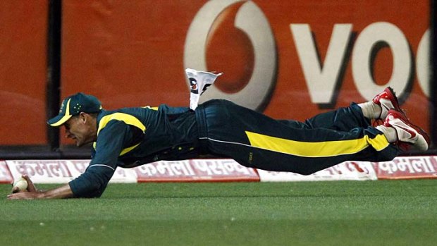 On the line &#8230; Michael Hussey catches out Ravindra Jadeja.