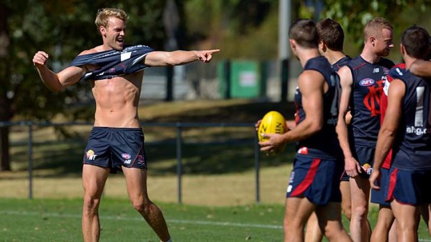 Good times: Jack Watts looks forward to his new understudy role at Melbourne training on Thursday.
